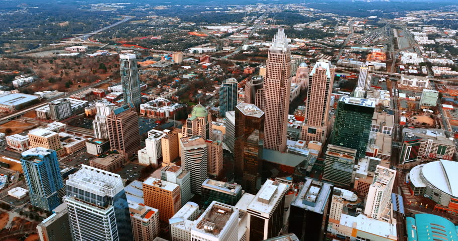 Scenic view of American city. Drone footage above the downtown of Charlotte, NC, United States. Royalty-Free Stock Footage #3425446897
