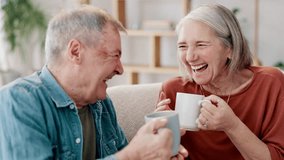 Senior couple, drinking coffee and love or laughing together at home, bonding and connection. Elderly people, forehead touch and tea for funny conversation on couch, happy and cheerful in living room - Powered by Shutterstock - Get 15% off with code: PIKWIZARD15