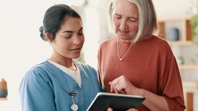 Happy woman, nurse and tablet in elderly care for healthcare, advice or help at old age home. Female person, doctor or caregiver smile with technology and mature patient for tips, health and wellness - Powered by Shutterstock - Get 15% off with code: PIKWIZARD15