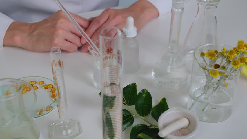 The pharmacist or the scientist is making cosmetic with the natural ingredient in the laboratory for professional beauty product concept.