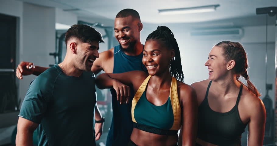 Gym, group hug and friends happy for fitness, physical activity or exercise for sports commitment. Happiness, portrait and team of bodybuilder embrace for community, training or challenge performance Royalty-Free Stock Footage #3425564595