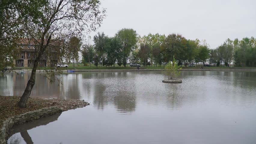 Peaceful lake surrounded with trees, cars and large old house in gloomy autumn day