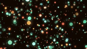 Video screensaver of many different particles flying on a dark background, presentation design, banner.