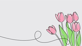 Continuous one line drawing of beautiful spring flowers graphic animation. Alpha channel. Single line art bouquet of tulips on transparent background motion design. 4K resolution - Powered by Shutterstock - Get 15% off with code: PIKWIZARD15