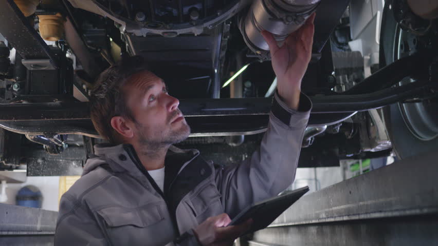 Mechanic examining trailer vehicle underbody part and using digital tablet. Repairman checking pipe under truck in auto repair station Royalty-Free Stock Footage #3425690225