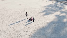 Young adult mother wear warm jacket enjoy have fun sledging two cute little sibling kids boy girl at frozen white snow lake field against clean blue sky landscape bright sunny cold winter day. Outdoor - Powered by Shutterstock - Get 15% off with code: PIKWIZARD15