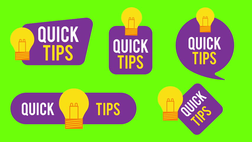 Great quick tips badges bundle. Badges with light bulb and «quick tips» words isolated on green background. Marketing concept. 4K animated video.