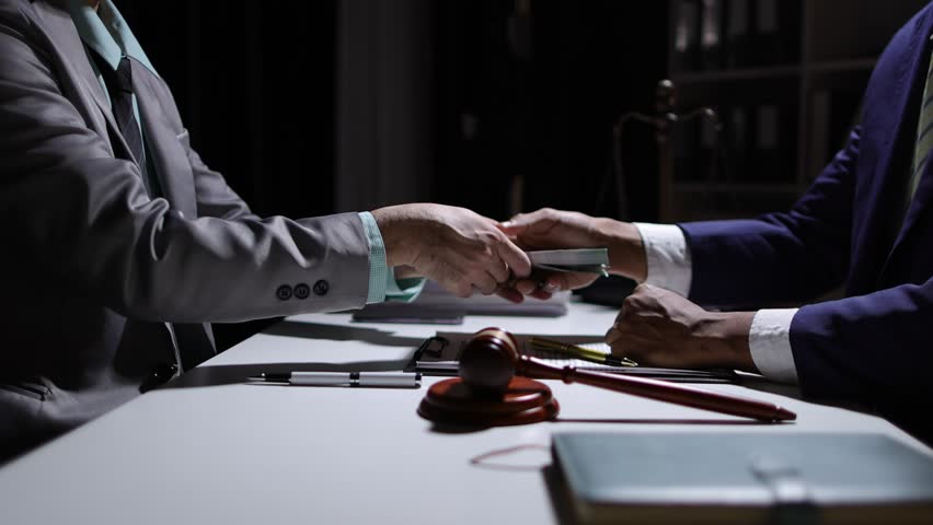 Corrupt lawyer accepts bribes from an unknown man in the dark. Businessman in the dark tries to bribe officials.
