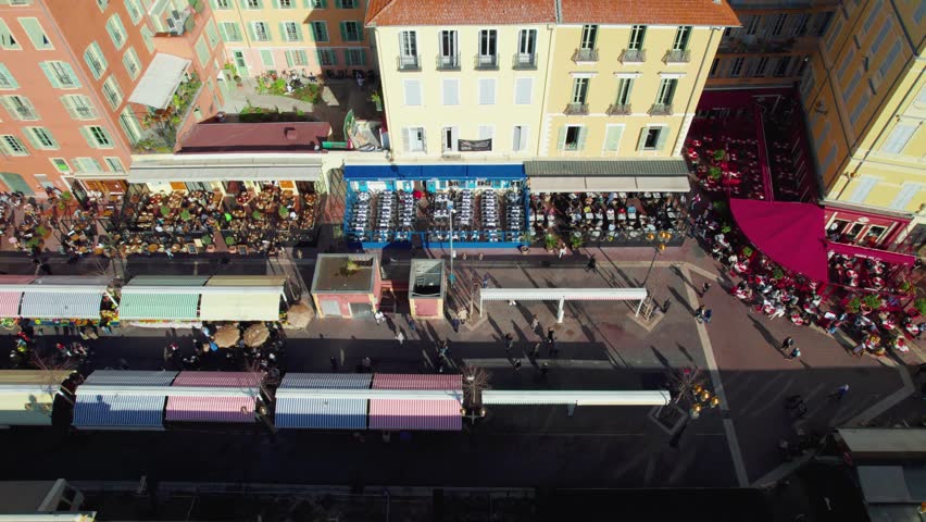 Drone view of the famous Cours Saleya, a typical mediterranean market in Nice, France.