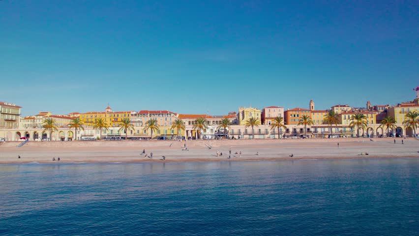 Drone view of the Quai des Etats Unis, Promenade des Anglais, in Nice, France.