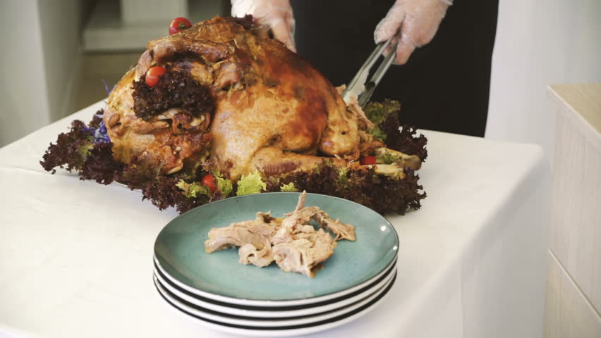 Delicious hot roast turkey for Thanksgiving or Christmas dinner. Food. Juicy meat.