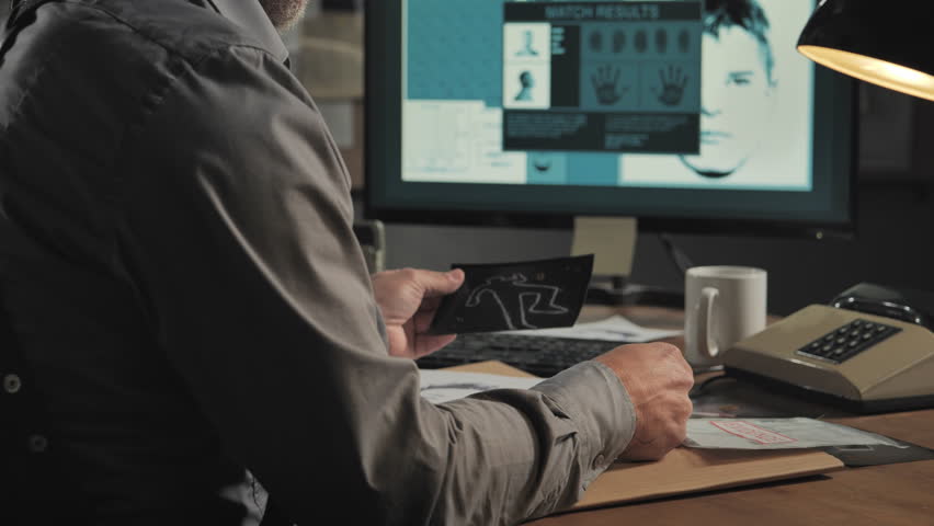 crime investigation detective examining evidence in office close up on hands,police officer sits at the desk checking photos of the murder case Royalty-Free Stock Footage #3425883231