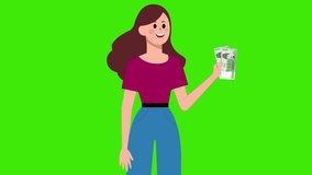 2d animation, cartoon, girl is holding won on green background, notes, won, money, coins, green background