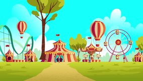 Cartoon amusement park landscape animation with peoples, hot air balloons, ferris wheel, roller coaster, tents, rides, sky, clouds, trees, flags, carousel, boy, girl, crowd - Powered by Shutterstock - Get 15% off with code: PIKWIZARD15