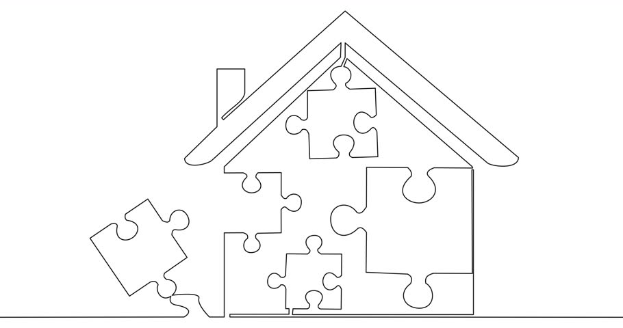 Self drawing line animation modular house puzzle construction continuous one single line drawn concept video