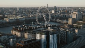 Southbank, Waterloo Station, London Eye, Aerial View Shot of London UK, United Kingdom, golden light