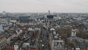Aerial View Shot of London UK, United Kingdom, overcast, cloudy day, London Skyline, very city center, Soho, Mayfair, Marylebone, West End