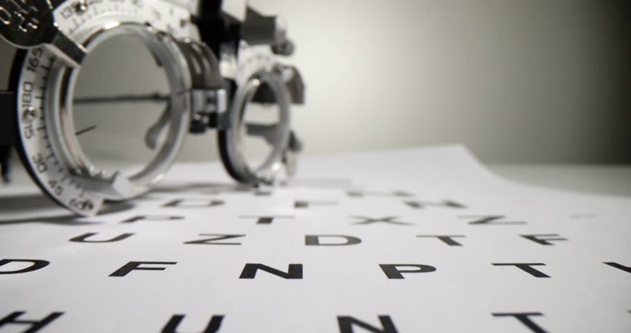 Glasses with table for checking vision and selecting lenses. Vision and optics testing