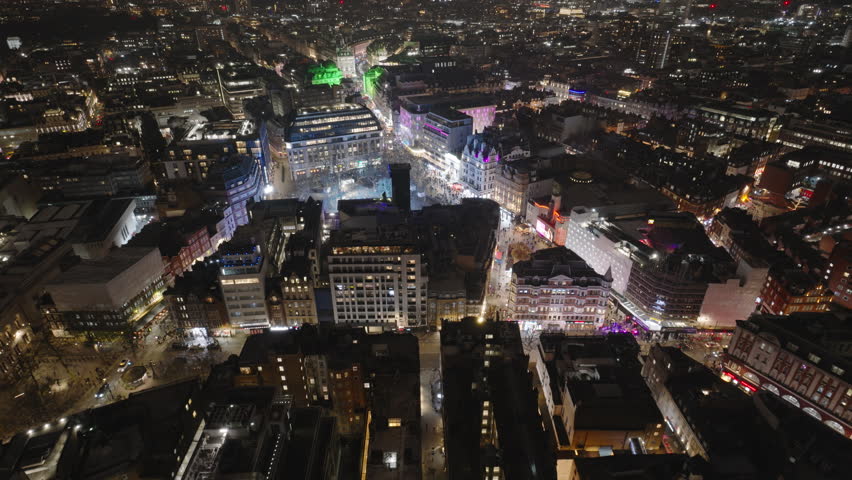 Super Quality, West End, Leicester Square, Aerial View Shot of London at night evening UK, crystal clear and crisp image, Mayfair, Marylebone, Soho, Regent Street, Shaftesbury Ave, Chinatown