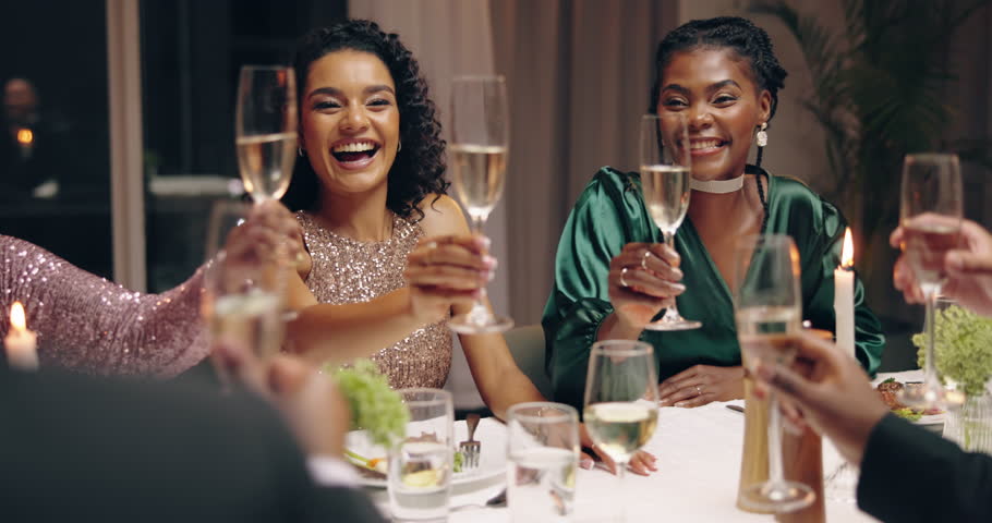 Friends, champagne and toast at new year party, celebration and laughing with wish for success. Men, women and diversity with glasses, drink and alcohol for cheers, happy and excited at gala event