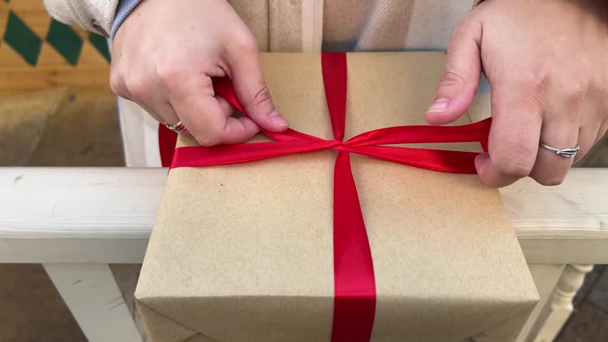 4K horizontal video. White woman unties red bow on craft gift box. Satin ribbon. Female hands close up. Concept for holiday, merry christmas, happy new year 2025, valentine's day, march 8, birthday Royalty-Free Stock Footage #3426104525