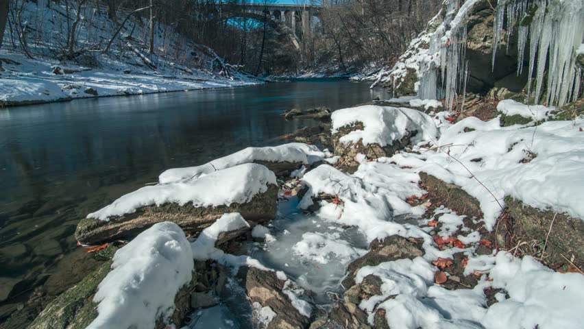 Moving time lapse of the river in Wissahickon Park Philadelphia. It shows icicles on the side of the river. 