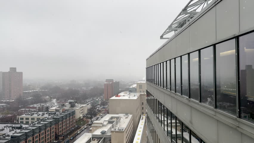 St. Louis, Missouri, USA aerial views of the city skyline captured during snowfall. Overcast skies with snowflakes falling at a rapid pace.