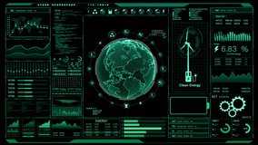 Global Clean Energy Interface, Digital interface showcasing data analytics and a wind turbine, symbolizing modern clean energy solutions, Sustainable technology on green background - Powered by Shutterstock - Get 15% off with code: PIKWIZARD15