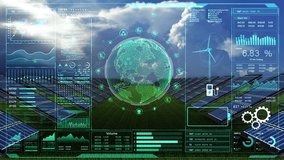 Futuristic Green Energy Interface, Digital interface showcasing green energy analytics, with solar panels and wind turbine imagery, Sustainable earth on a green background - Powered by Shutterstock - Get 15% off with code: PIKWIZARD15