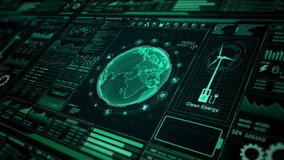 Digital interface showcasing data analytics and a wind turbine, Global Clean Energy Interface, symbolizing modern clean energy solutions, Sustainable technology on green background - Powered by Shutterstock - Get 15% off with code: PIKWIZARD15