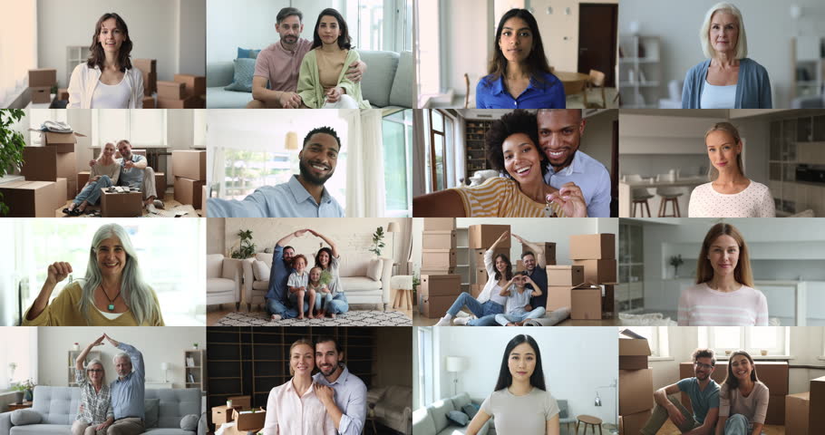 Group of multiethnic young and mature people looking at camera showing bunch of keys celebrate relocation day to new own house. Real-estate buyer, first dwelling, tenancy, multiple videos collage view Royalty-Free Stock Footage #3426193531
