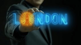 London city name icon and symbol design concept. Businessman showing globe with London digital text animation. For presenting this city to everyone in the world and Supporting tourism businesses. - Powered by Shutterstock - Get 15% off with code: PIKWIZARD15
