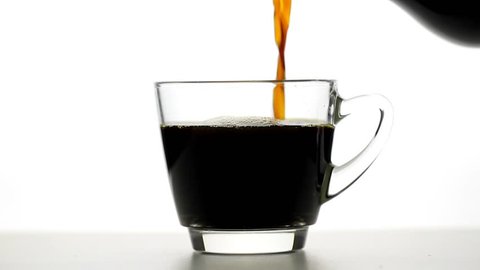 pouring coffee and coffee cup on white background