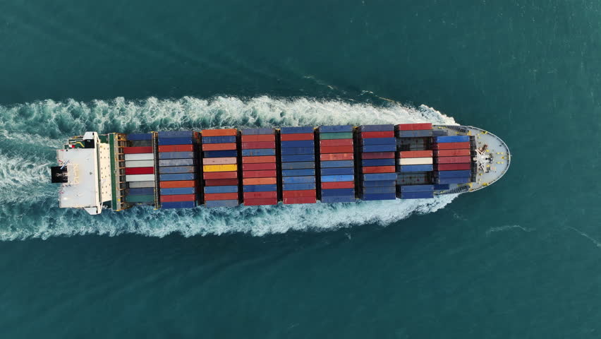Aerial view of Cargo Container Ship.  container ship import export to customers sea port. export shipping industry freight and transportation logistics concept. commercial shipping by sea