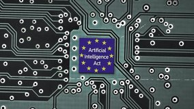 Flag of European Union on a microprocessor, CPU or GPU microchip on a motherboard. Symbolizing the EU recently adopted the AI Act, ushering in new restrictions on AI use cases and mandating - Powered by Shutterstock - Get 15% off with code: PIKWIZARD15
