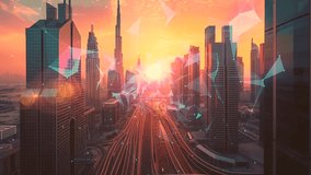 Skyscrapers of Dubai business downtown. International hub of trading and financial services. Technology theme icons hologram, Fintech concept. Double exposure. Dubai Sheikh Zaid Roadt. - Powered by Shutterstock - Get 15% off with code: PIKWIZARD15