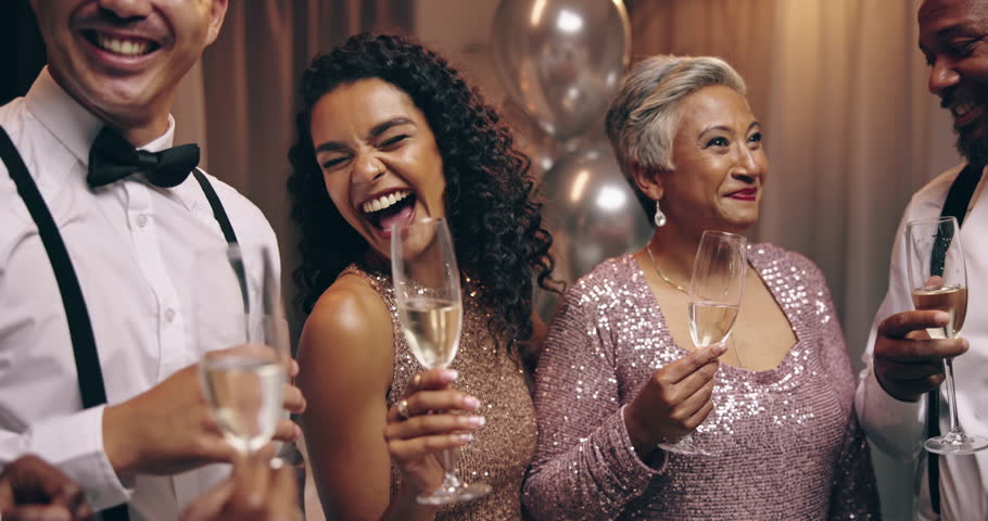 Friends, champagne and conversation at new year party, celebration and laugh with wish for success. Men, women and diversity with glasses, drink and alcohol for cheers, happy or excited at gala event