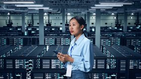 Side View Of Asian Business Woman Using Mobile Phone An Looking Around In Data Center - Powered by Shutterstock - Get 15% off with code: PIKWIZARD15