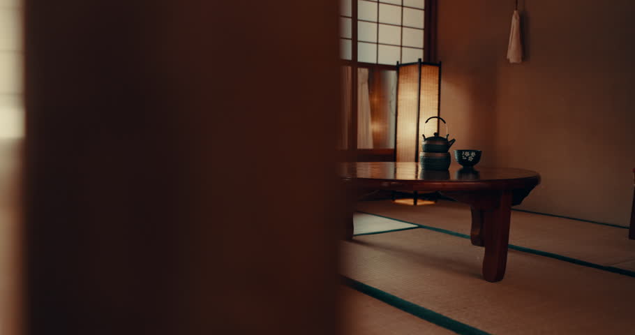 Women, tea ceremony and Japanese cultural tradition in tatami room for calm health, religious practice or healing. Female people, lesson and teaching drink ritual in kimono, indigenous or experience Royalty-Free Stock Footage #3426507591