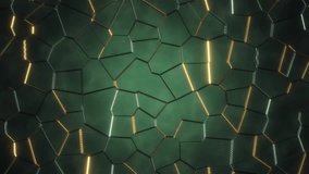 Moving golden mosaic on a green background. Stylized pattern creative digital background 4k