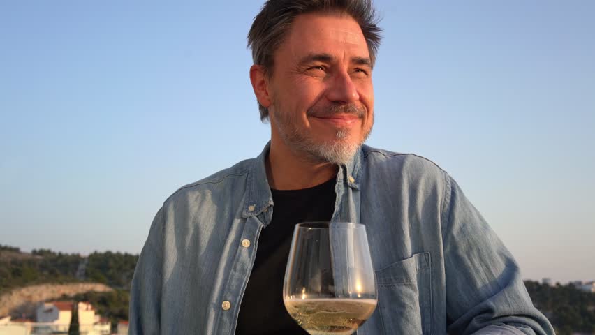 Happy man drinking wine outdoor holding wine glass, smiling. Wine tasting in sunset. Portrait of mature age, middle age, mid adult man in 50s. Royalty-Free Stock Footage #3426652879