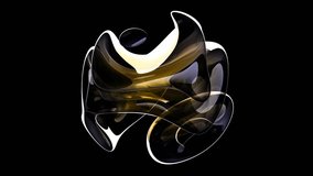 3d render abstract art video animation with a surreal glass sphere or ball in a deformation transformation process in yellow gold and purple gradient color on an isolated black background