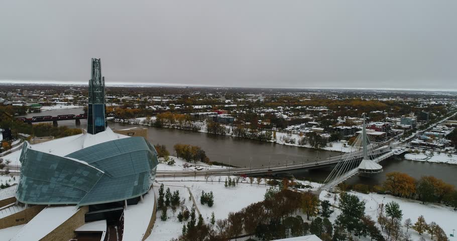 Winnipeg the forks, 1st snow fall and fall colors, drone aerial