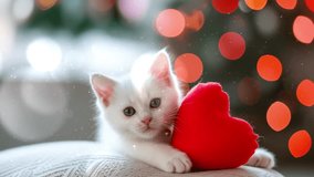 Сute white kitten holding a red heart pillow. Romantic video greeting card. Looping video for live wallpaper