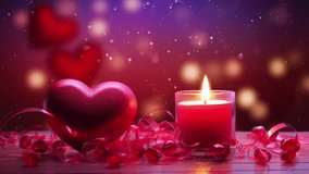 Red Heart and candle. Romantic video greeting card. Looping video for live wallpaper