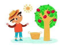 Cartoon cute flat farmer picking apples in an orchard. Full colour animation on white background for video. 