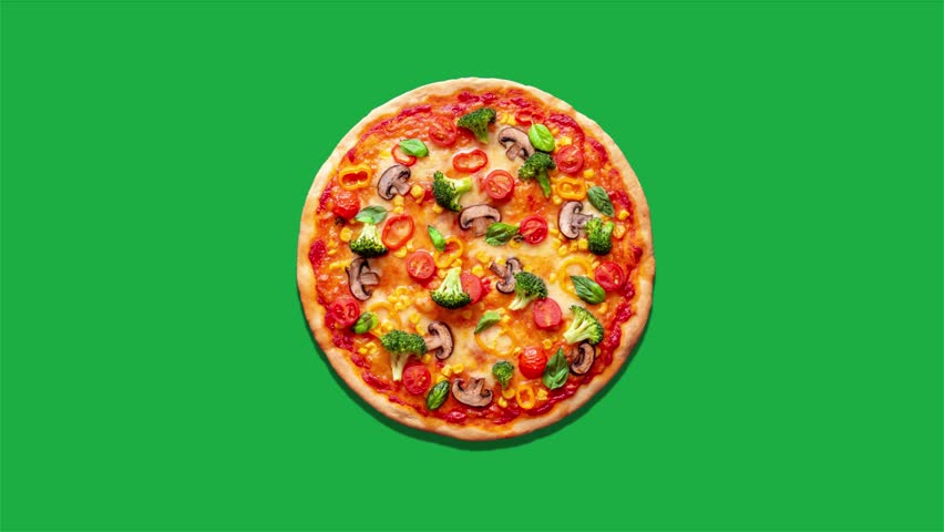 Pizza variety isolated on green background, video animation
