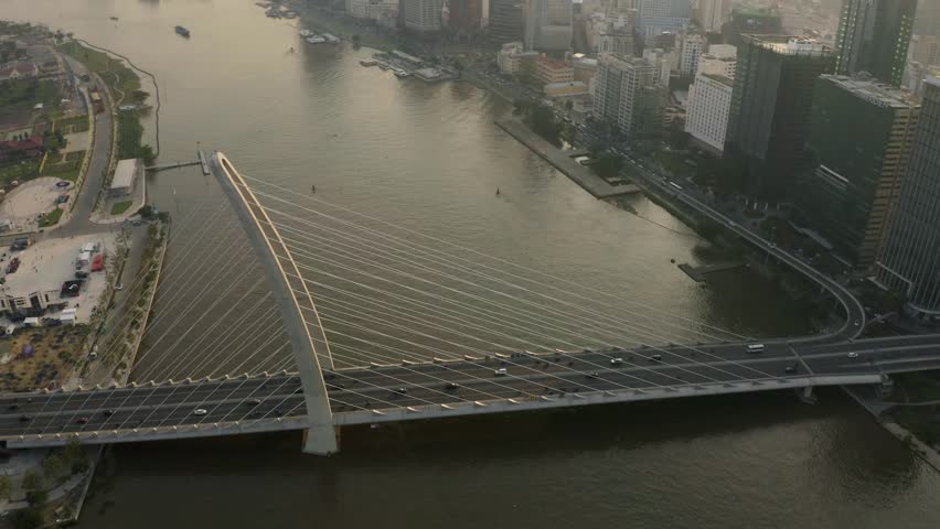 4k Aerial drone footage - Beautiful skyline of Saigon (Ho Chi Minh City) at sunset. Vietnam, Asia