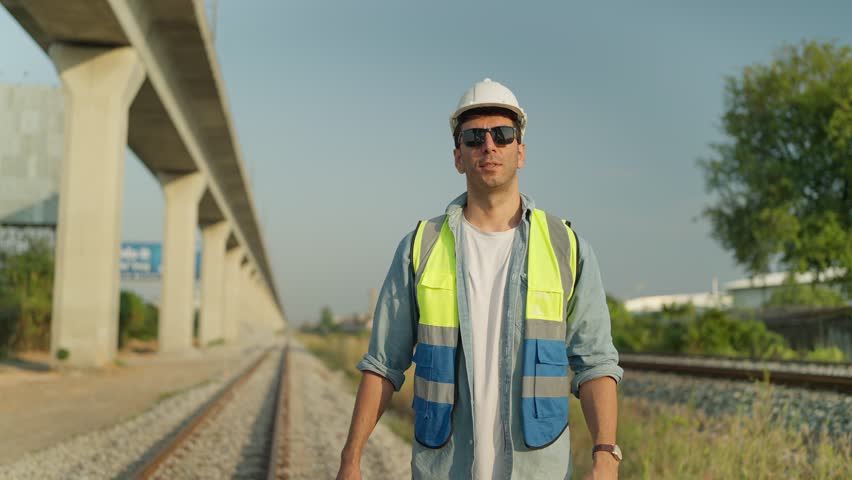 Handsome engineer man or architect in safety uniform and helmet standing with arms crossed on railroad smiling and looking at camera. Engineer leadership concept