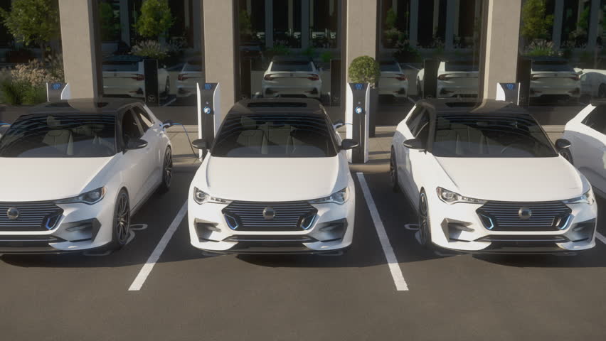 A row of generic autonomous electric cars charging at charging station on a parking lot in front of an office building. Decarbonisation and zero emission concept. Realistic 3d animation rendering.